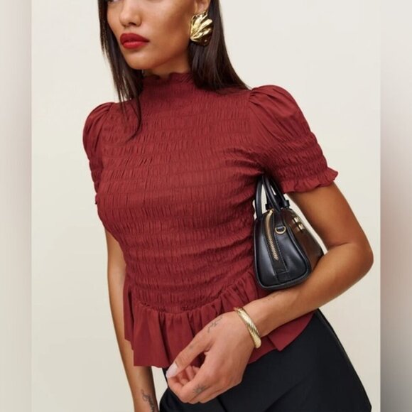 NEW Reformation Aggie Short Sleeve Top Rubies Dark Red Smocked Top | size XS - Picture 4 of 11